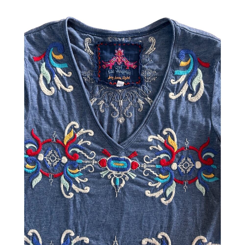 Johnny Was Los Angeles Embroidered Blue V-Neck Top 3/4 Sleeves Size S Boho - Picture 3 of 7